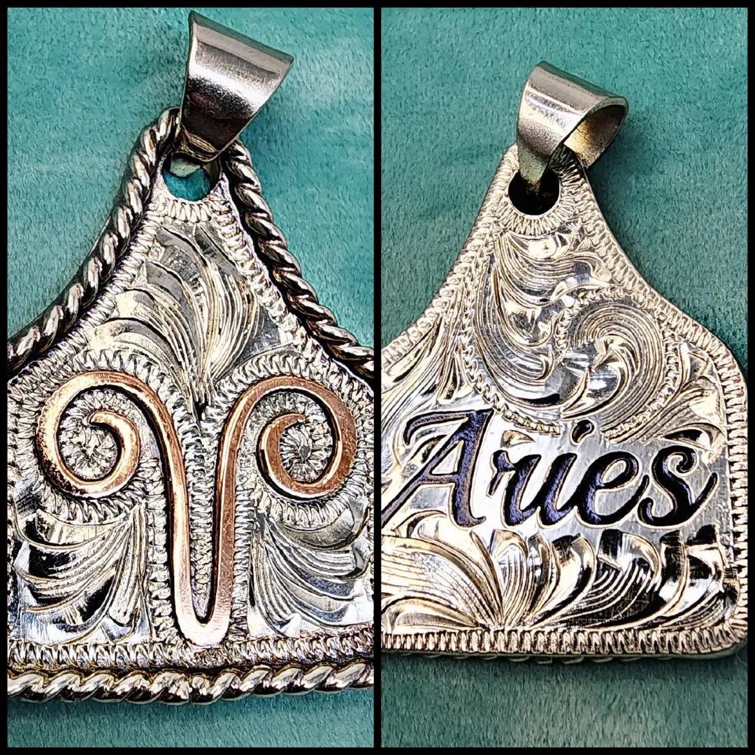 Handmade Zodiac Sign Cow Tag Necklace with Engraved Copper Pendant and Stainless Steel Chain