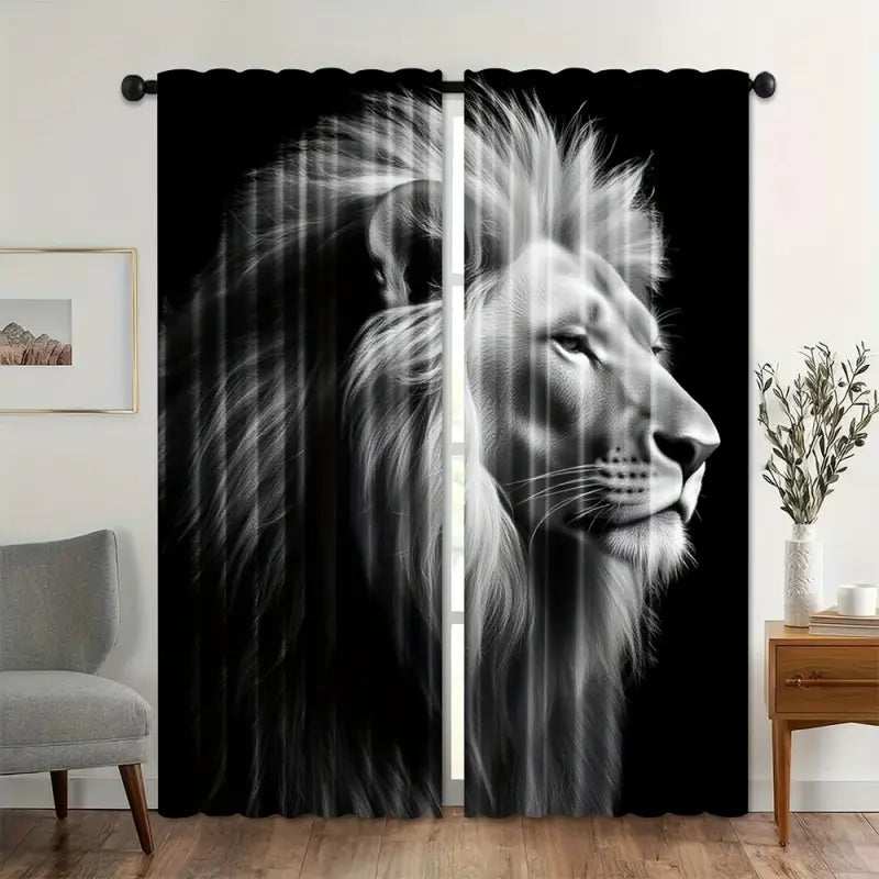 Artistic Lion Portrait Curtains, Polyester Fabric, Half Light Blocking, Rod Pocket, Bedroom Living Room Office Decor, Window Curtain