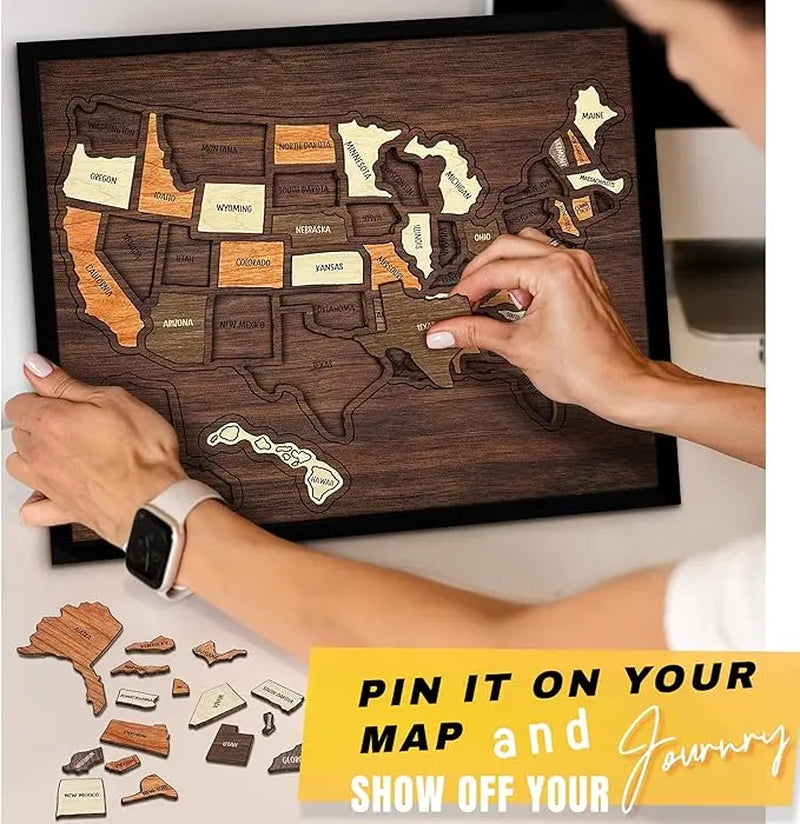 【Camdoor】Map Puzzle, Wooden USA Travel Map Puzzle, Anniversary Gift,Geography Puzzle for Kids, or Couples and Familiperfect Fes Gift, Record Your Journeys, Memory Maker, Home Decor, Travel Tracker Wall Art, Analogue Bag, Unique Gifts for Travelers