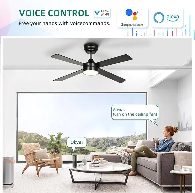 Yitahome 48 Inch Black Ceiling Fan with Lights and Remote,4 Blades, App Control, Modern Smart Ceiling Fan Compatible with Alexa for Indoor, Reversible Quiet Motor, Memory Function