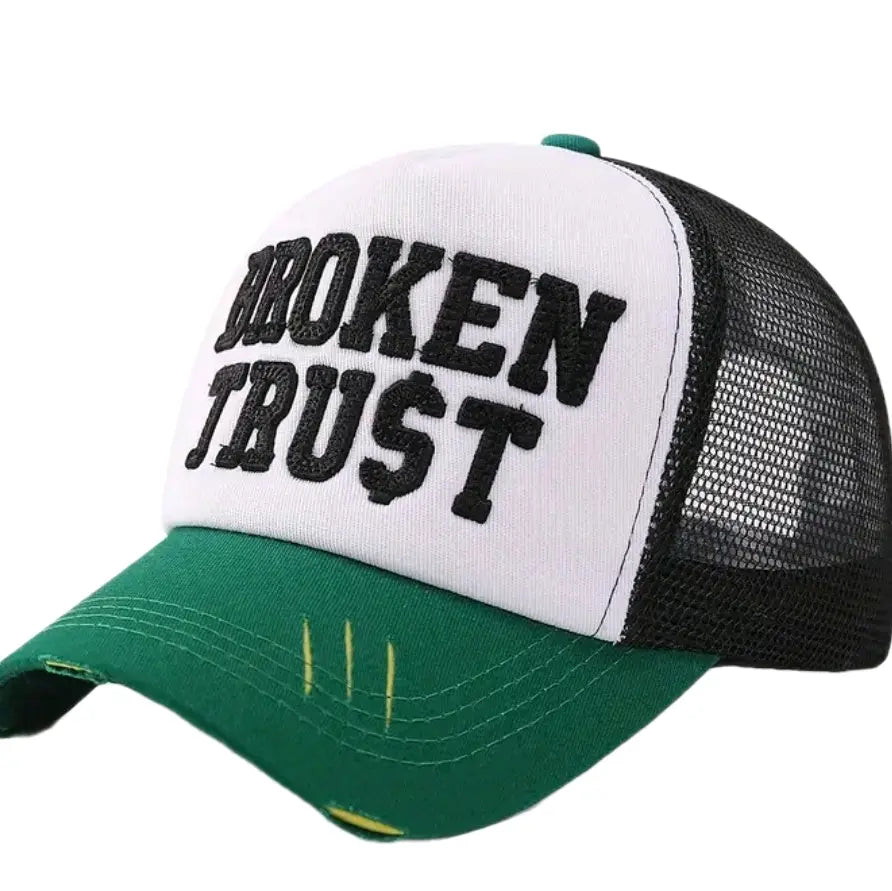 Broken Trust Embroidered Snapback Trucker Style Hat Lightweight Comfortable Fit High Quality Front Embroidered with a Distressed Brim for Extra Style Trucker Hat
