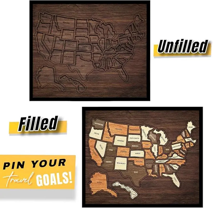 【Camdoor】Map Puzzle, Wooden USA Travel Map Puzzle, Anniversary Gift,Geography Puzzle for Kids, or Couples and Familiperfect Fes Gift, Record Your Journeys, Memory Maker, Home Decor, Travel Tracker Wall Art, Analogue Bag, Unique Gifts for Travelers
