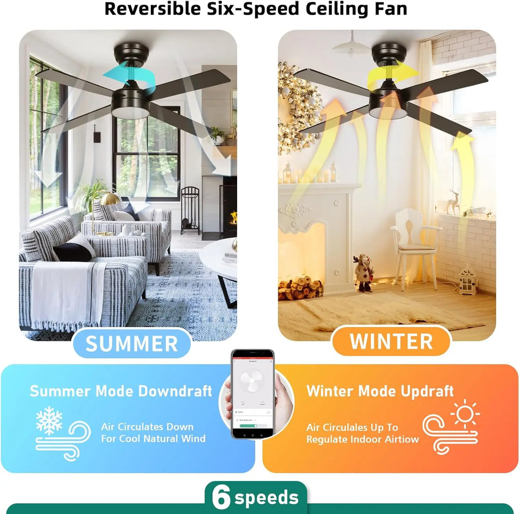 Yitahome 48 Inch Black Ceiling Fan with Lights and Remote,4 Blades, App Control, Modern Smart Ceiling Fan Compatible with Alexa for Indoor, Reversible Quiet Motor, Memory Function