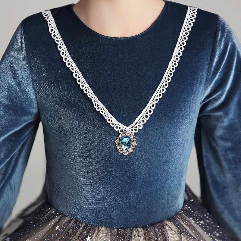 2020 New Design Navy Blue European Style High Quality 10 Years Clothes for Kids Winter Girls Dress