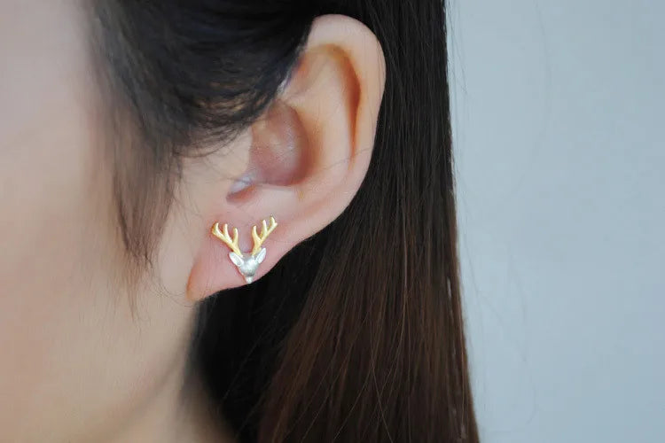 2020 New 925 Sterling Silver Antlers Earrings Double Color Simple Korean Style Gold Plated for Women Cute Anniversary Gift