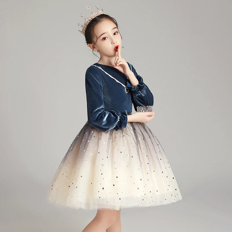 2020 New Design Navy Blue European Style High Quality 10 Years Clothes for Kids Winter Girls Dress