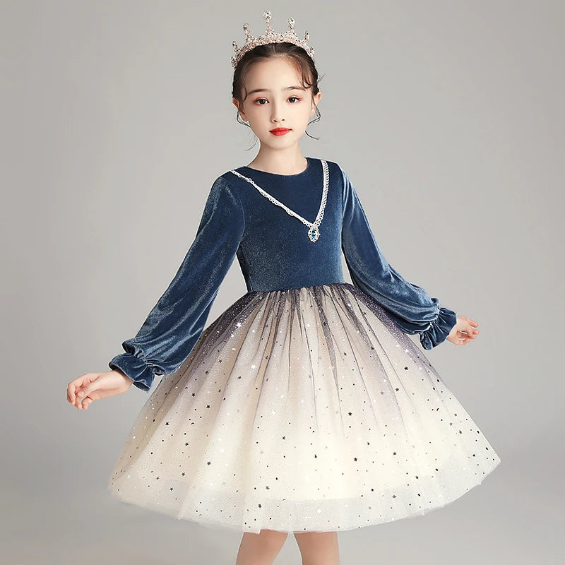2020 New Design Navy Blue European Style High Quality 10 Years Clothes for Kids Winter Girls Dress