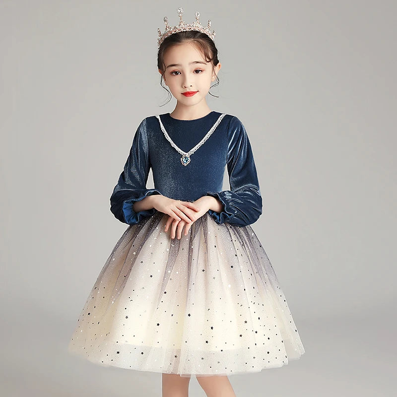 2020 New Design Navy Blue European Style High Quality 10 Years Clothes for Kids Winter Girls Dress