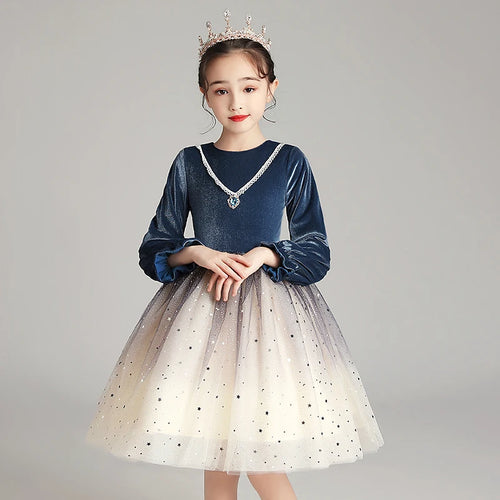 2020 New Design Navy Blue European Style High Quality 10 Years Clothes for Kids Winter Girls Dress