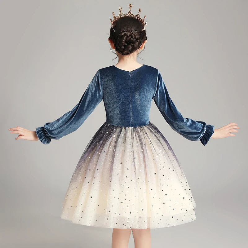2020 New Design Navy Blue European Style High Quality 10 Years Clothes for Kids Winter Girls Dress