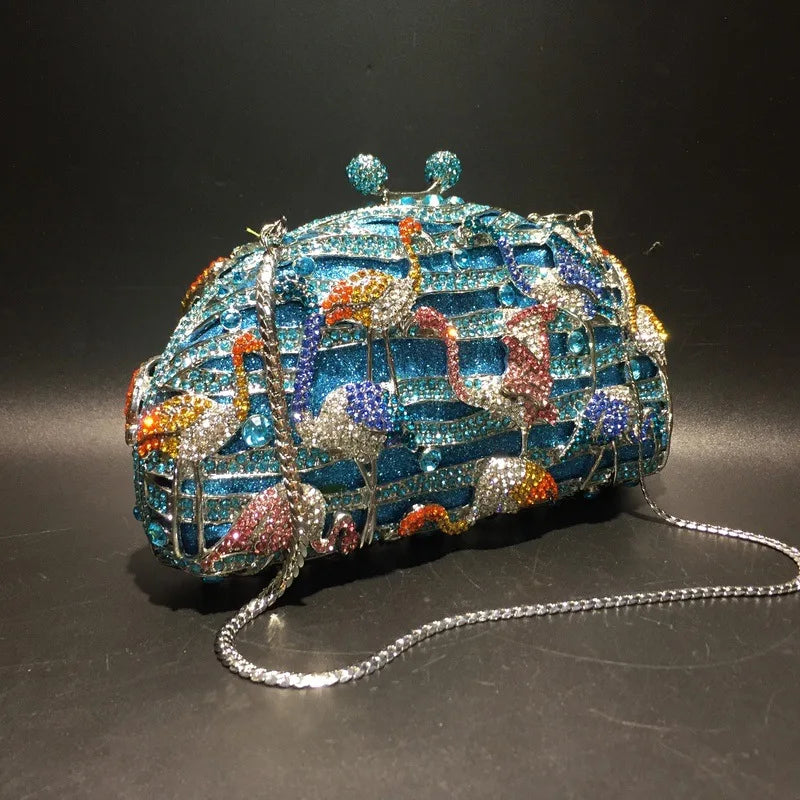 Fashion Flamingo Clutch Women Crystal Evening Purses and Handbags Luxury Wedding Party Bridal Rhinestone Bag