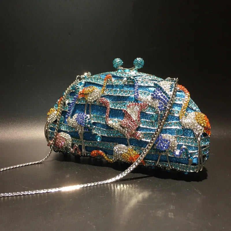 Fashion Flamingo Clutch Women Crystal Evening Purses and Handbags Luxury Wedding Party Bridal Rhinestone Bag