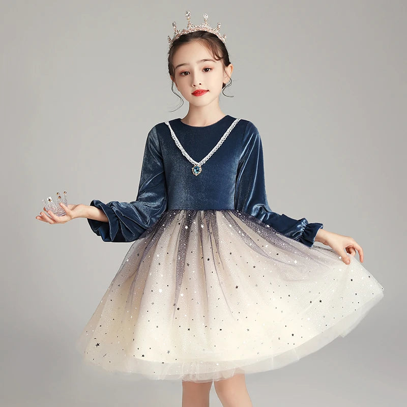 2020 New Design Navy Blue European Style High Quality 10 Years Clothes for Kids Winter Girls Dress