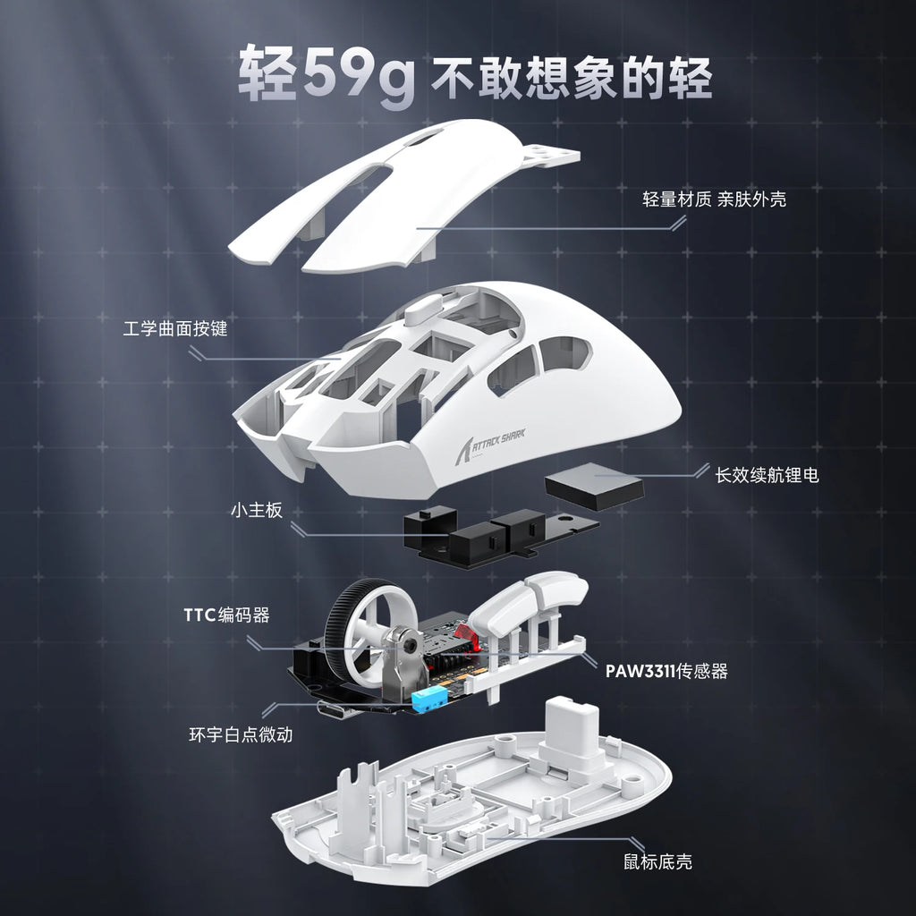 Attack Shark R1 Gaming Mouse Cost-Effective, Lightweight, Ergonomic, Adjustable DPI, Wireless/Wired Dual Modes, Precise