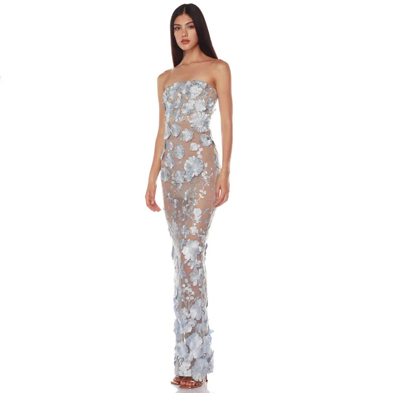 Embroidered Strapless Party Dress – Slim Fit Ankle-Length Gown