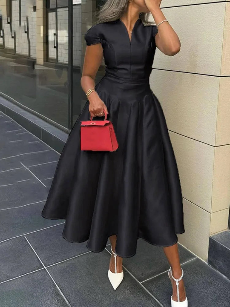Women's Elegant V-Neck Midi Dress – A-Line Pleated Party Dress