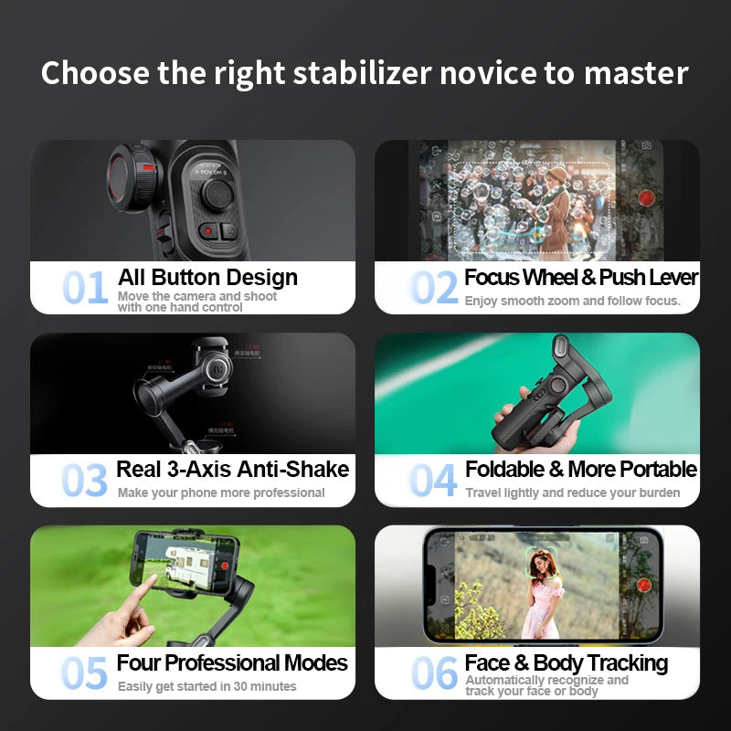 AOCHUAN 3-Axis Handheld Gimbal Stabilizer for Smartphone with Fill Light for iPhone Android Face Tracking Vlog Smart XE