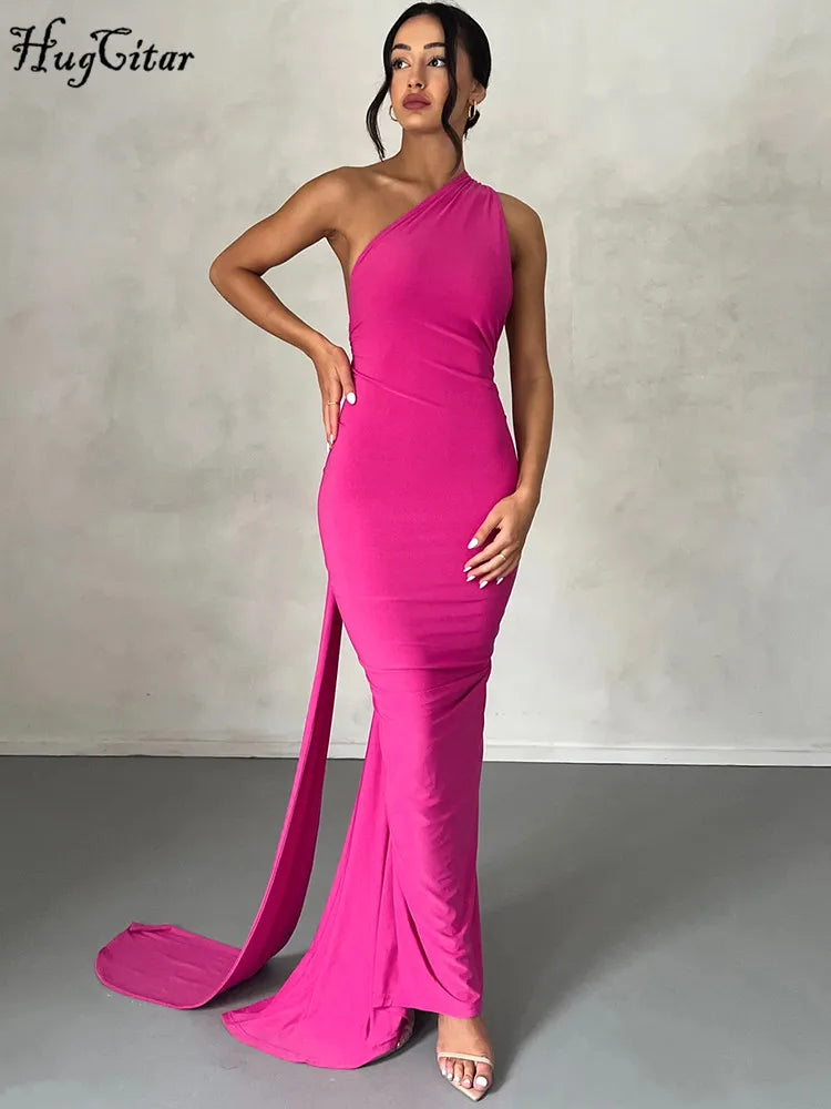 Hugcitar One Shoulder Backless Adjustable Scarf Loop Ruched Sexy Maxi Dress Women Elegant Y2K Streetwear Festival Outfit