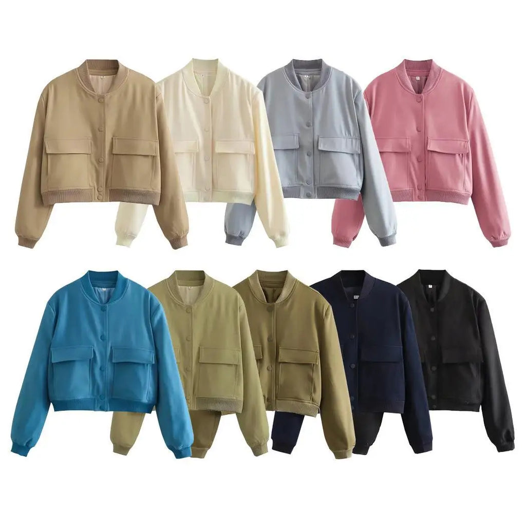 Autumn Jacket with Stand Collar, Double Pockets, Solid Color, Biker Pilot Jacket for Women