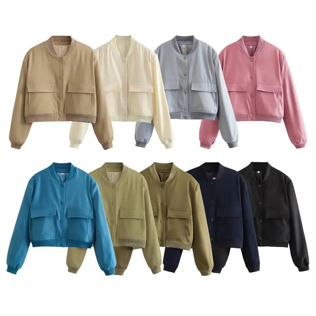 Autumn Jacket with Stand Collar, Double Pockets, Solid Color, Biker Pilot Jacket for Women