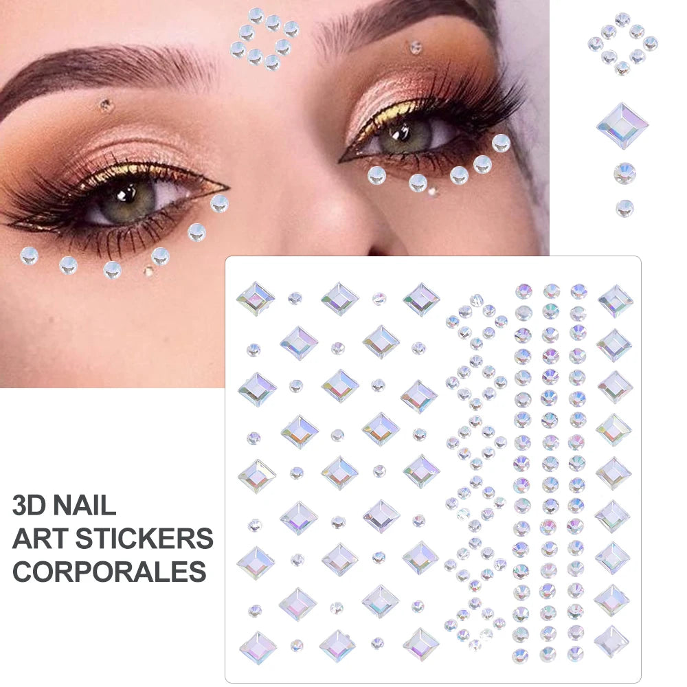 3D Rhinestone Face Tattoo Stickers For Festival Glitter Makeup Jewelry Sticker On Face Crystals Gems Jewels Diamonds Decoration