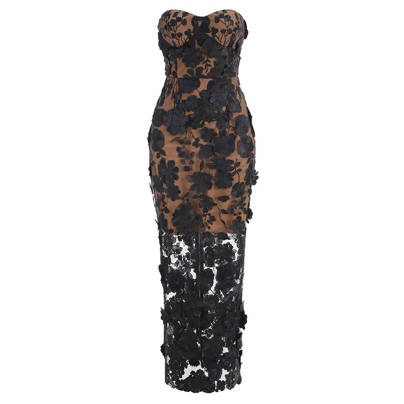 Embroidered Strapless Party Dress – Slim Fit Ankle-Length Gown