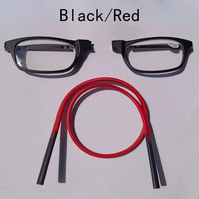 Portable magnetic reading glasses that can be hung around the neck with adjustable lanyard for men and women