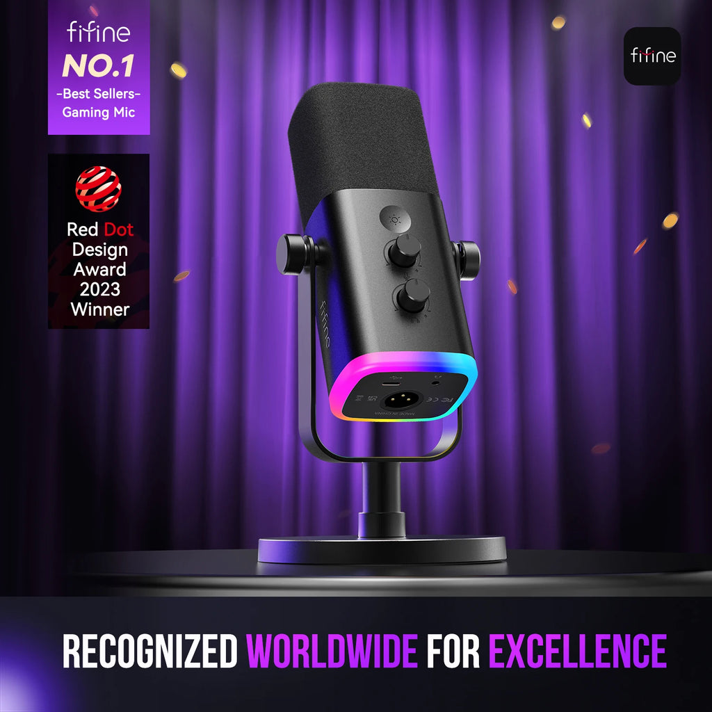 FIFINE USB/XLR Dynamic Microphone with Touch Mute Button,Headphone jack,I/O Controls,for PC PS5/4 mixer,Gaming MIC Ampligame AM8