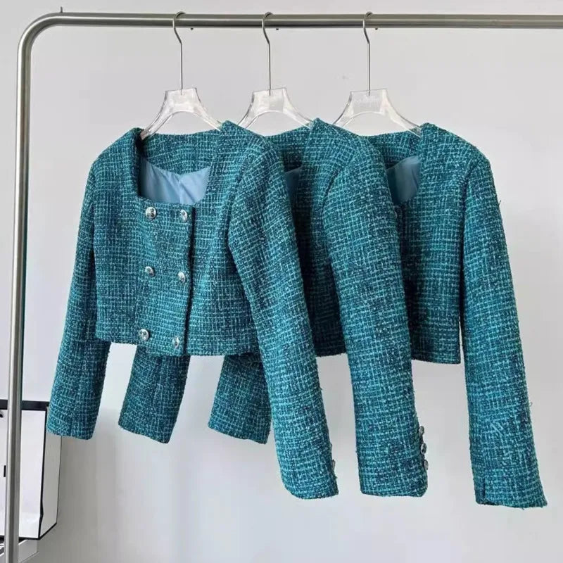Women's Luxury Woolen Jacket – Double-Breasted Square Collar Coat