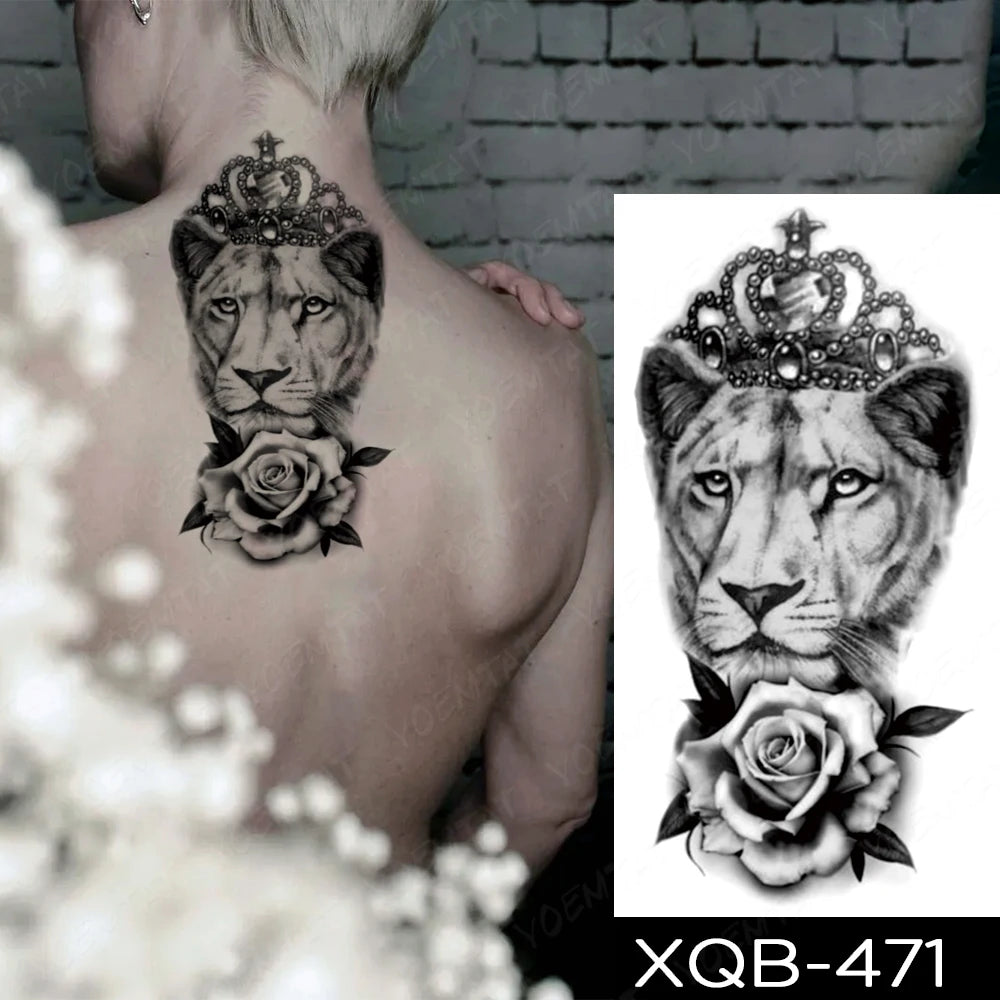 Wholesale Waterproof Temporary Tattoo Sticker Lion Family Flash Tatto Tiger Wolf Moon Crown Flower Body Art Arm Fake Tatoo