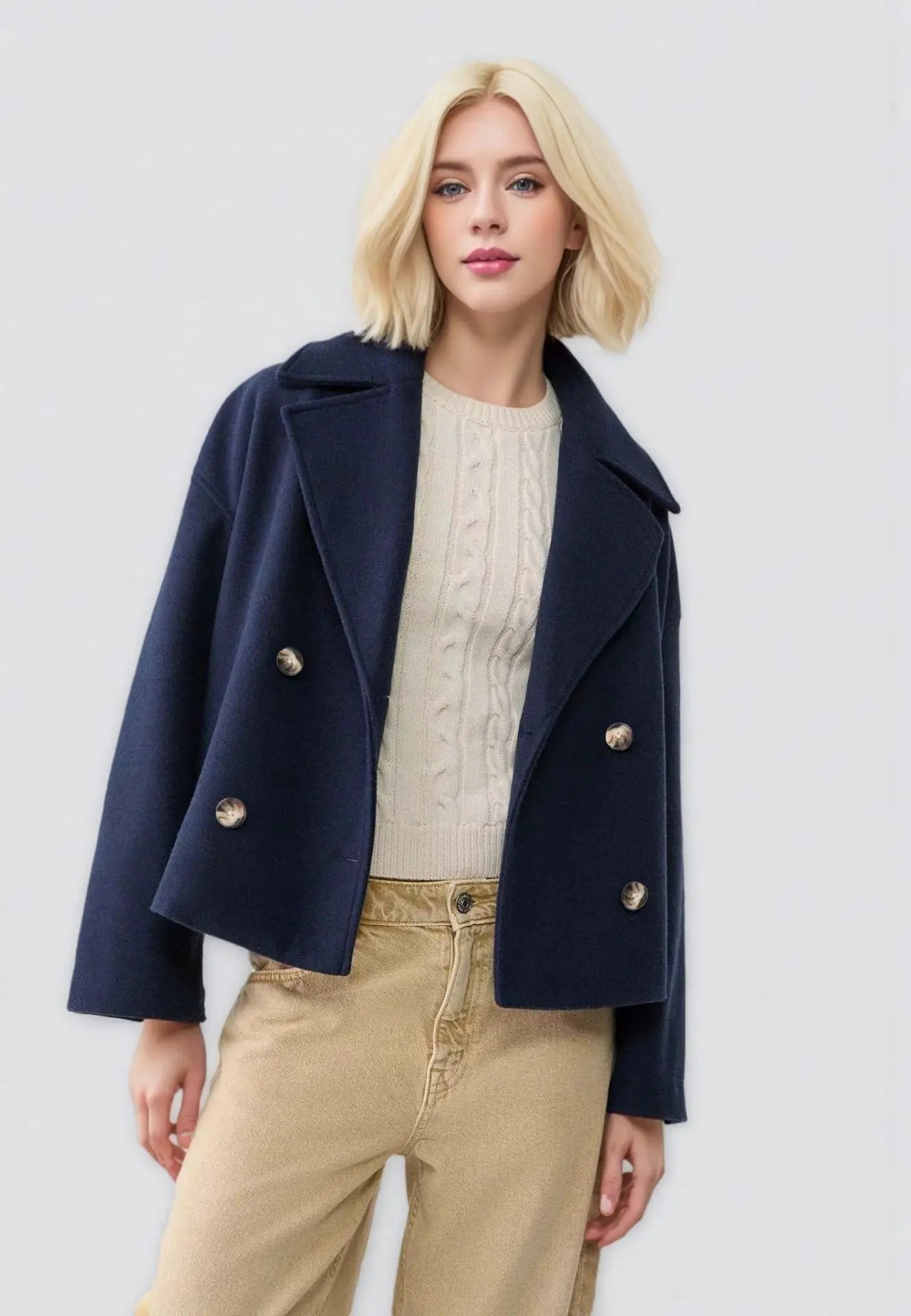Autumn New European American Style Women's Fashion Temperament Lapel Double-breasted Short Woolen Jacket