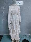 LGRQ early autumn turtleneck full sleeves shinny ruffles pullover Arabic styles floor length vacation dress female vestido