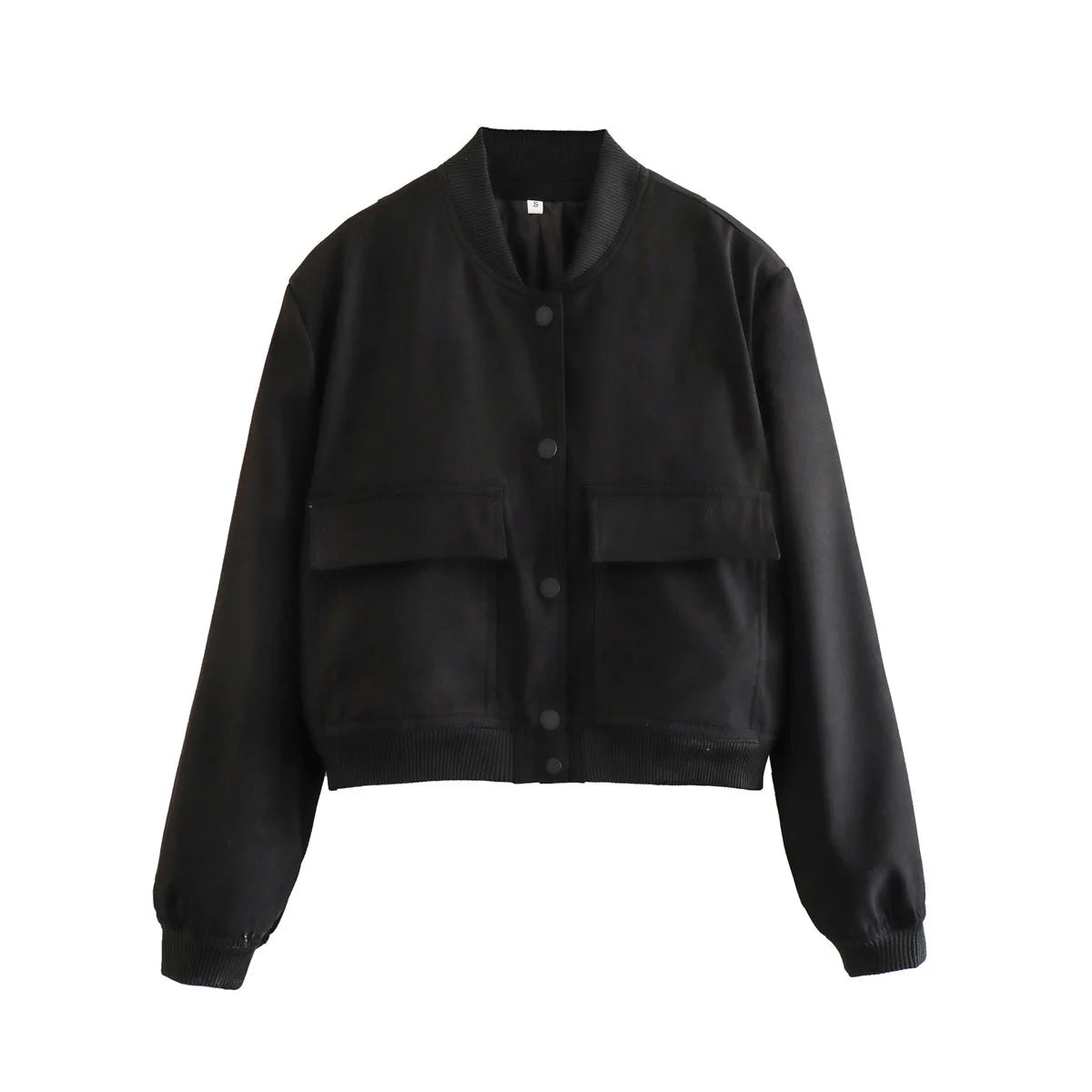 Autumn Jacket with Stand Collar, Double Pockets, Solid Color, Biker Pilot Jacket for Women