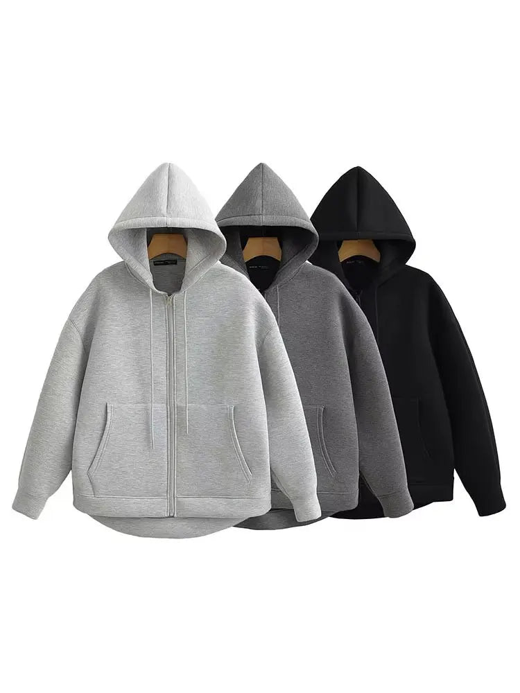 Women's Hooded Jacket with Pockets – Casual Zip-Up Coat
