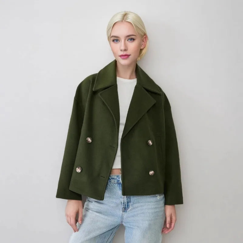 Autumn New European American Style Women's Fashion Temperament Lapel Double-breasted Short Woolen Jacket
