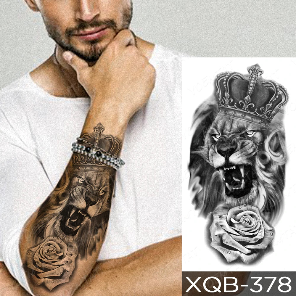 Wholesale Waterproof Temporary Tattoo Sticker Lion Family Flash Tatto Tiger Wolf Moon Crown Flower Body Art Arm Fake Tatoo