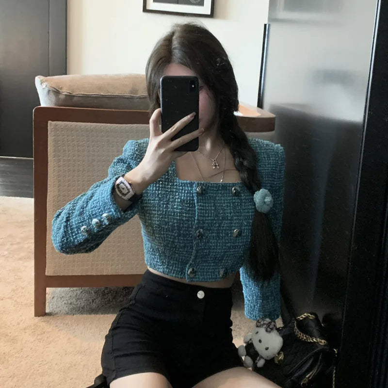 Women's Luxury Woolen Jacket – Double-Breasted Square Collar Coat