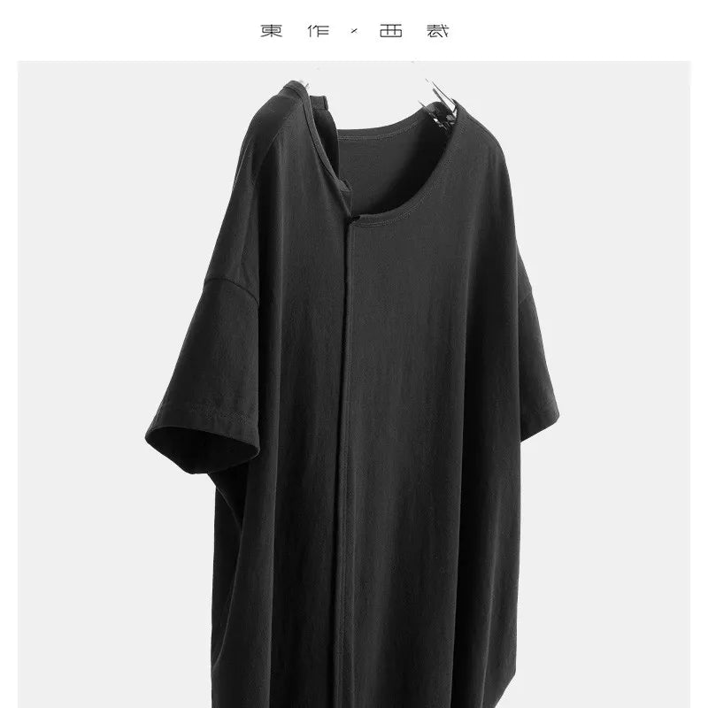 100% Cotton Asymmetric Loose Midi Dress – Casual T-Shirt Style
