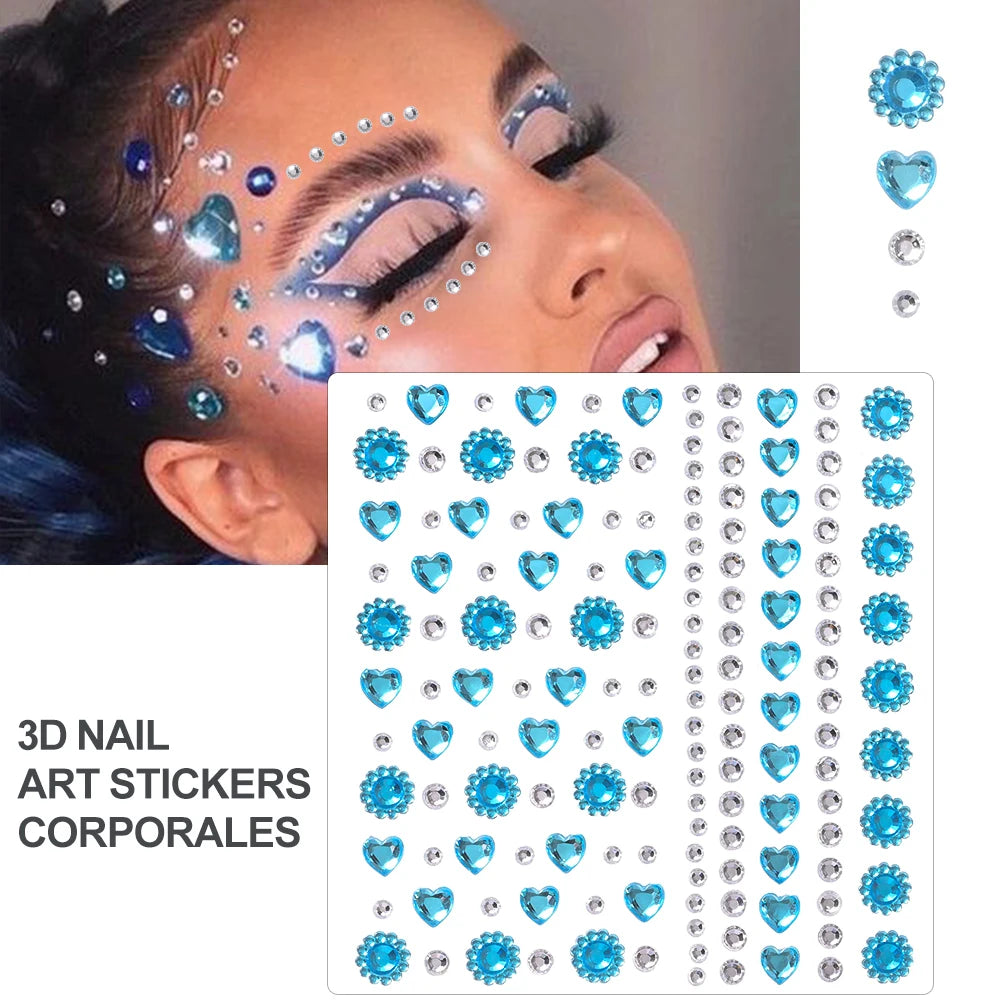 3D Rhinestone Face Tattoo Stickers For Festival Glitter Makeup Jewelry Sticker On Face Crystals Gems Jewels Diamonds Decoration