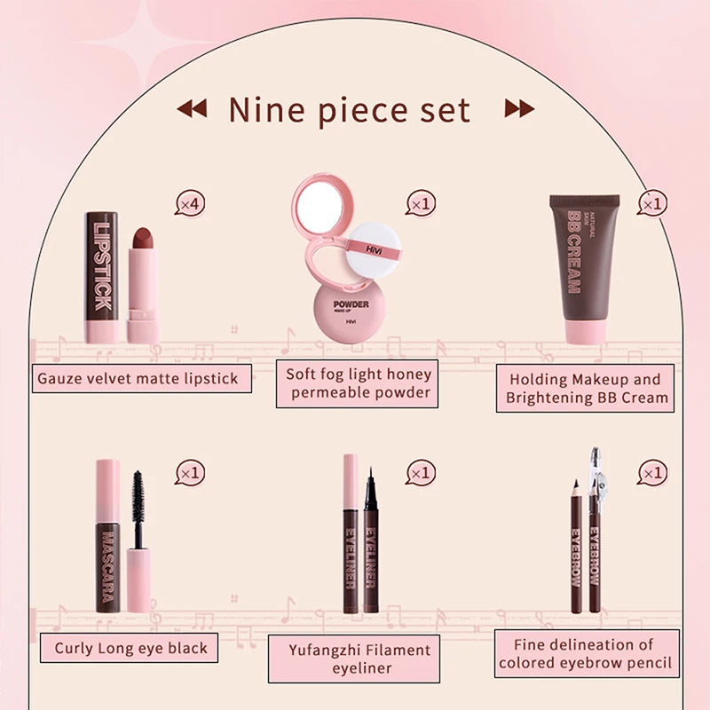 Women's Christmas makeup set, 9 lipsticks & powder press &BB cream & eyebrow pencil & mascara & eyeliner set,for women and girls