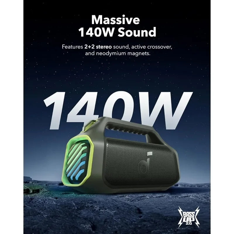 2025 hot sale Boom 2 Plus By Anker, Outdoor Speaker, 140W, 2+2 Channel, BassUp 2.0, 20H Playtime, Fast Charge, IPX7 Waterproof,