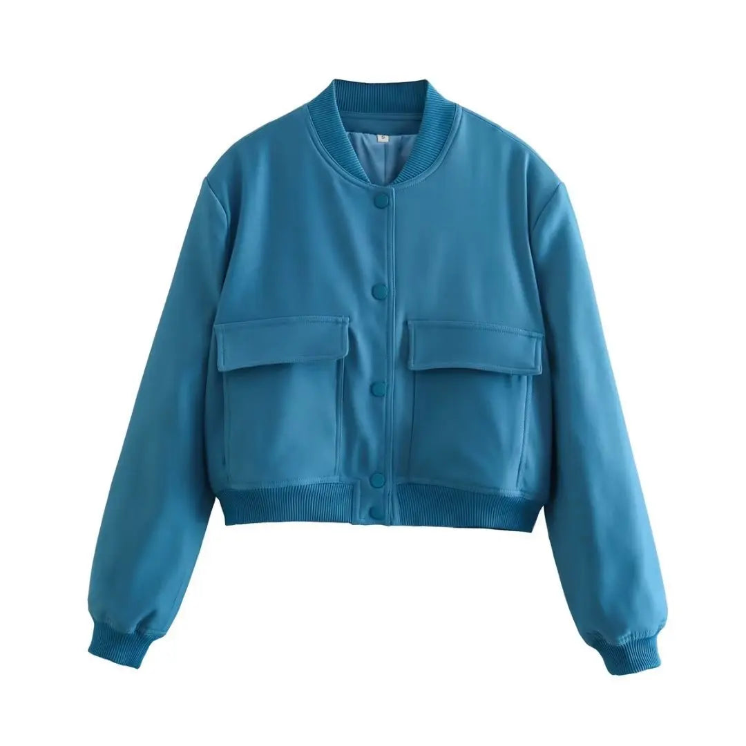 Autumn Jacket with Stand Collar, Double Pockets, Solid Color, Biker Pilot Jacket for Women