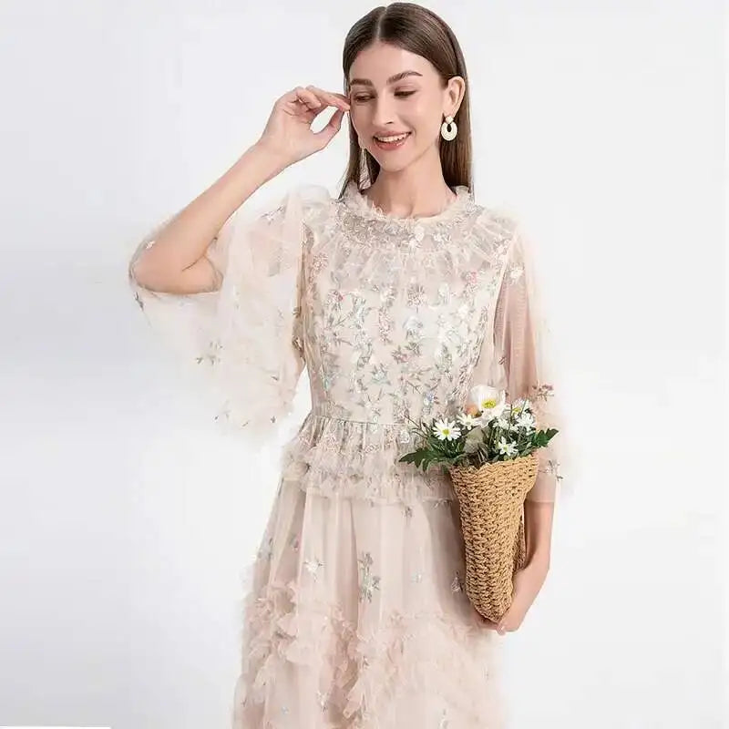 Luxury Embroidery Ruffle Midi Dress – Elegant Puff Sleeve Party Gown