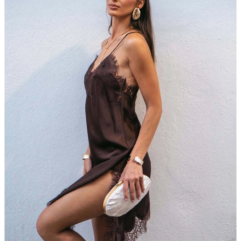 Luxe V-Neck Satin Slip Mini Dress – Draped Asymmetric Party Dress