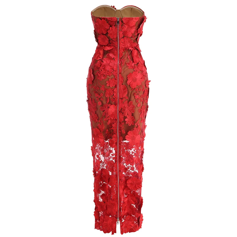 Embroidered Strapless Party Dress – Slim Fit Ankle-Length Gown