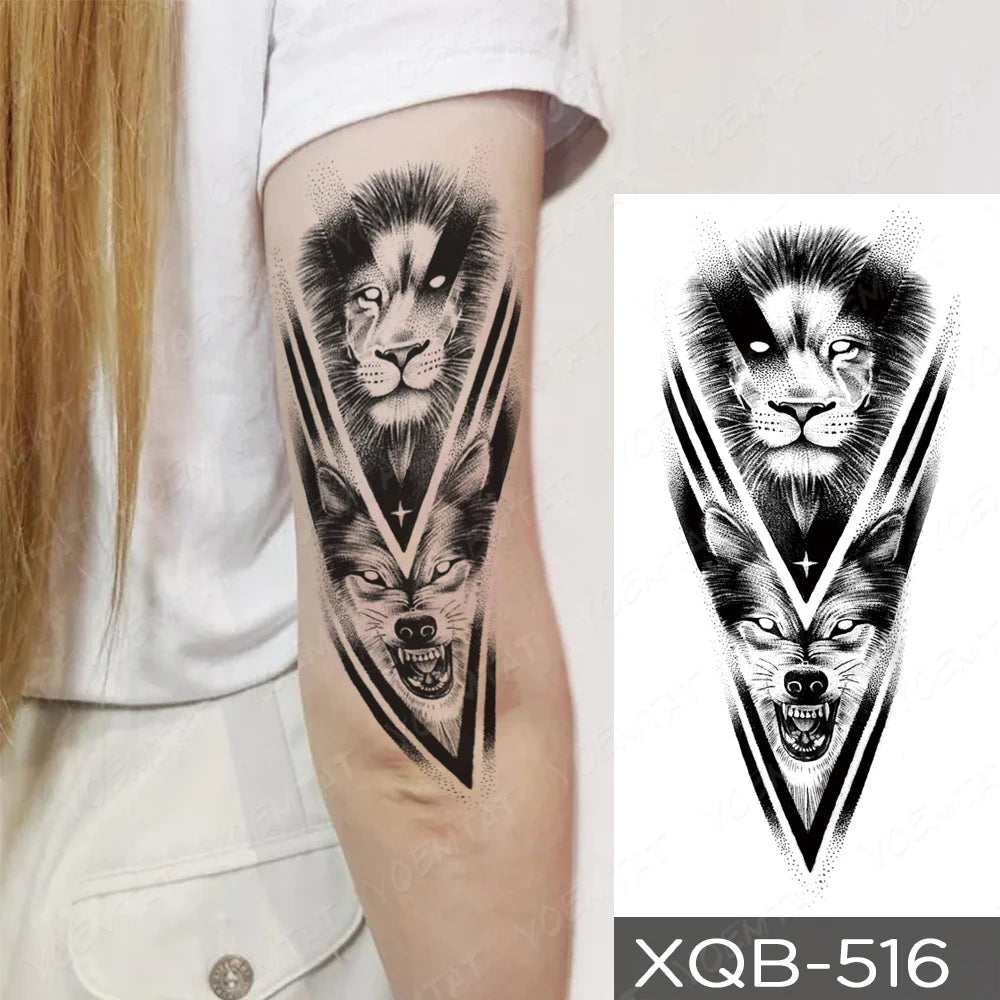 Wholesale Waterproof Temporary Tattoo Sticker Lion Family Flash Tatto Tiger Wolf Moon Crown Flower Body Art Arm Fake Tatoo