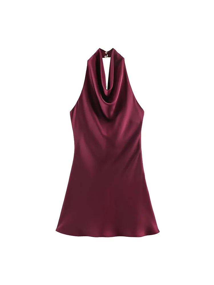 Luxe Halter Neck Satin Mini Dress – Backless A-Line Party Dress 2026