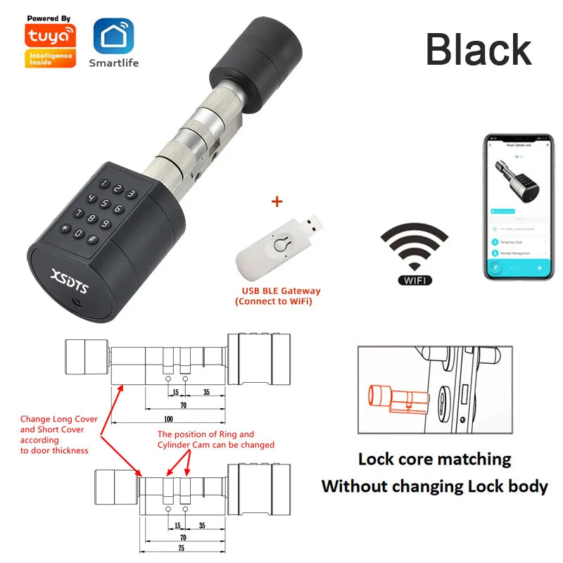 Tuya APP Fingerprint Cylinder Electronic Smart Door Lock Digital Keypad Code Key Card Remote Control Adjustable Home Apartment