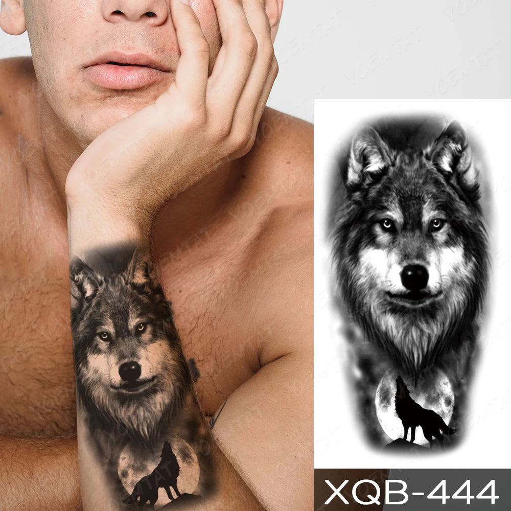 Wholesale Waterproof Temporary Tattoo Sticker Lion Family Flash Tatto Tiger Wolf Moon Crown Flower Body Art Arm Fake Tatoo