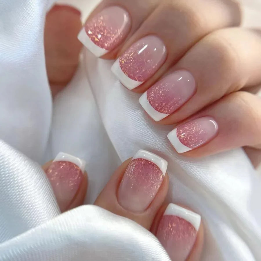 24Pcs French Tip Handmade Press On Nails Minimalist Solid Color Fake Nails Medium Square Full Cover Press On Nail Tips With Glue
